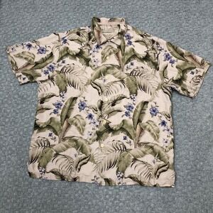 Tommy Bahama Shirt Mens Large Silk Beige Green Hawaiian Tropical Aloha Floral